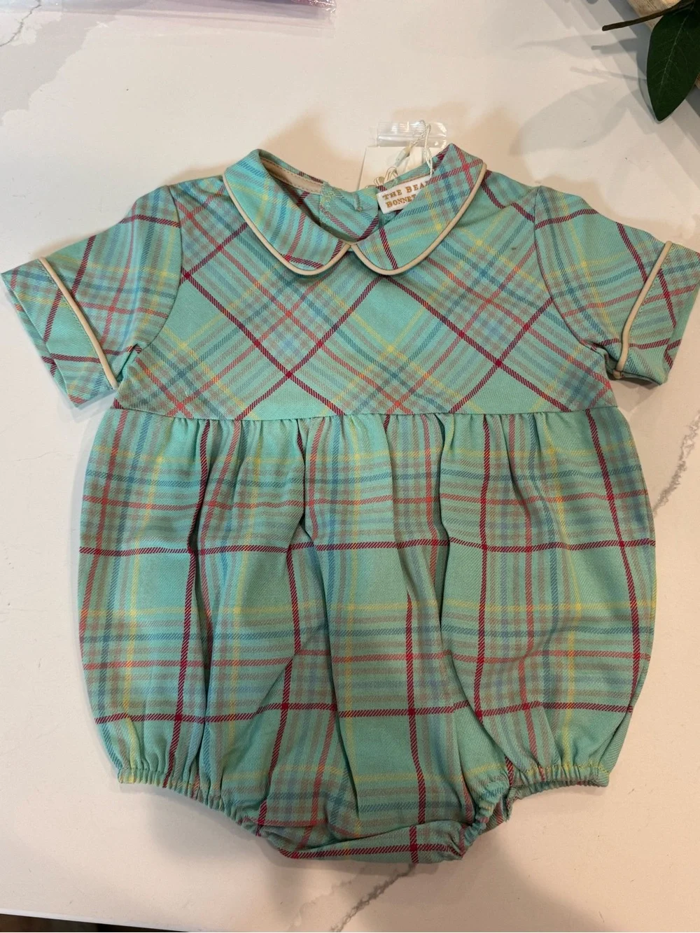 The Beaufort Bonnet Company Plaid Bubble Romper in Aqua, Yellow & Pink